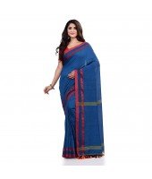 Women`s Traditional Bengali Tant Handloom Cotton Saree Loveria Design With Blouse Piece(Blue)