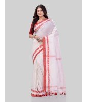 DESH BIDESH Women`s Traditional Bengali Tant Handloom Cotton Saree Royel Loveria Design With Blouse Piece(White)