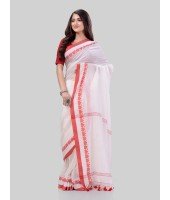 DESH BIDESH Women`s Traditional Bengali Tant Handloom Cotton Saree Royel Loveria Design With Blouse Piece(White)