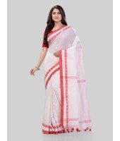 DESH BIDESH Women`s Traditional Bengali Tant Handloom Cotton Saree Royel Loveria Design With Blouse Piece(White)