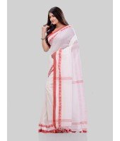 DESH BIDESH Women`s Traditional Bengali Tant Handloom Cotton Saree Royel Loveria Design With Blouse Piece(White)