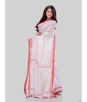 DESH BIDESH Women`s Traditional Bengali Tant Handloom Cotton Saree Royel Loveria Design With Blouse Piece(White)