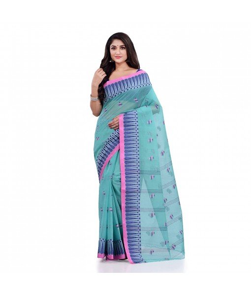 Women`s Traditional Pure Cotton Handloom Saree Woven Tikli Designer Without Blouse Piece(Firoza)