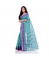 Women`s Traditional Pure Cotton Handloom Saree Woven Tikli Designer Without Blouse Piece(Firoza)