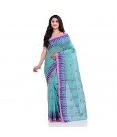 Women`s Traditional Pure Cotton Handloom Saree Woven Tikli Designer Without Blouse Piece(Firoza)