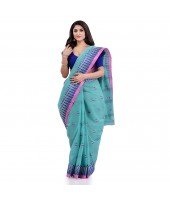 Women`s Traditional Pure Cotton Handloom Saree Woven Tikli Designer Without Blouse Piece(Firoza)