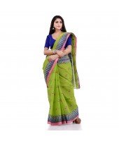 Women`s Traditional Pure Cotton Handloom Saree Woven Tilak Designer Without Blouse Piece (Green)