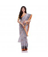 Women`s Traditional Pure Cotton Handloom Saree Woven Tilak Designer Without Blouse Piece(Grey Orange)