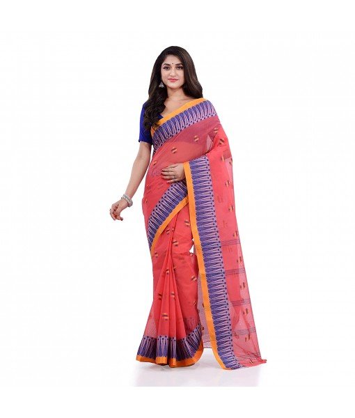 Women`s Traditional Pure Cotton Handloom Saree Woven Tilak Designer Without Blouse Piece(Light Red)