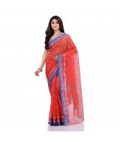 Women`s Traditional Pure Cotton Handloom Saree Chotushkone Woven Designer Without Blouse Piece(Orange)