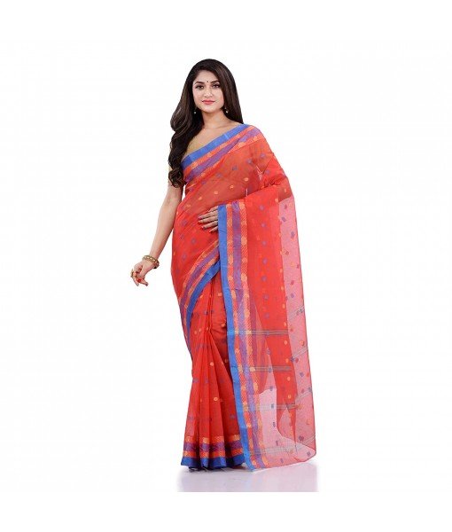 Women`s Traditional Pure Cotton Handloom Saree Chotushkone Woven Designer Without Blouse Piece(Orange)