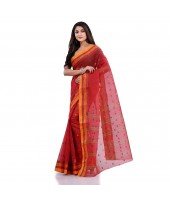 Women`s Traditional Pure Cotton Handloom Saree Chotushkone Woven Designer Without Blouse Piece(Red)