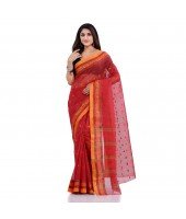 Women`s Traditional Pure Cotton Handloom Saree Chotushkone Woven Designer Without Blouse Piece(Red)