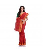 Women`s Traditional Pure Cotton Handloom Saree Chotushkone Woven Designer Without Blouse Piece(Red)