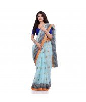 Women`s Traditional Pure Cotton Handloom Saree Woven Tikli Designer Without Blouse Piece(Soft Blue)