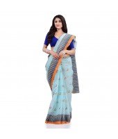 Women`s Traditional Pure Cotton Handloom Saree Woven Tikli Designer Without Blouse Piece(Soft Blue)