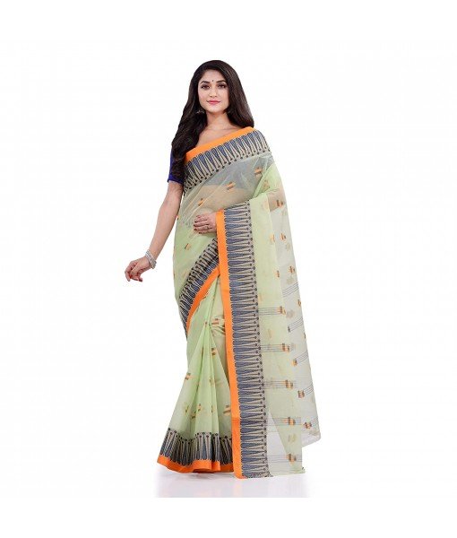 Women`s Traditional Pure Cotton Handloom Saree Woven Tikli Designer Without Blouse Piece (Soft Green)