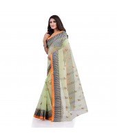 Women`s Traditional Pure Cotton Handloom Saree Woven Tikli Designer Without Blouse Piece (Soft Green)