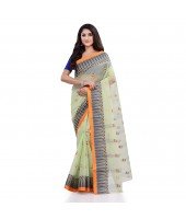 Women`s Traditional Pure Cotton Handloom Saree Woven Tikli Designer Without Blouse Piece (Soft Green)