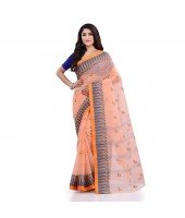 Women`s Traditional Pure Cotton Handloom Saree Woven Tikli Designer Without Blouse Piece (Soft Orange)