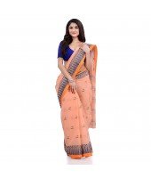 Women`s Traditional Pure Cotton Handloom Saree Woven Tikli Designer Without Blouse Piece (Soft Orange)