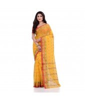 Women`s Traditional Pure Cotton Handloom Saree Chotushkone Woven Designer Without Blouse Piece (Yellow)