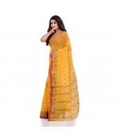 Women`s Traditional Pure Cotton Handloom Saree Chotushkone Woven Designer Without Blouse Piece (Yellow)