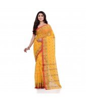 Women`s Traditional Pure Cotton Handloom Saree Chotushkone Woven Designer Without Blouse Piece (Yellow)