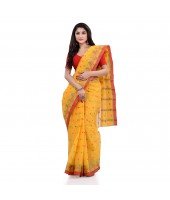 Women`s Traditional Pure Cotton Handloom Saree Chotushkone Woven Designer Without Blouse Piece (Yellow)