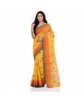 Women`s Traditional Pure Cotton Handloom Saree Woven Tikli Designer Without Blouse Piece (Yellow)