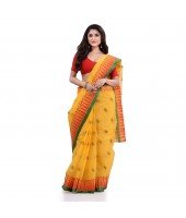 Women`s Traditional Pure Cotton Handloom Saree Woven Tikli Designer Without Blouse Piece (Yellow)