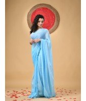  Fancy Trendy Solid Transparent Design Pure Cotton Handloom MulMul Saree (Blue)