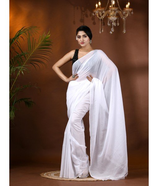 Fancy Trendy Solid Transparent Design Pure Cotton Handloom MulMul Saree (White)