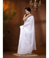 Fancy Trendy Solid Transparent Design Pure Cotton Handloom MulMul Saree (White)