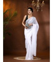 Fancy Trendy Solid Transparent Design Pure Cotton Handloom MulMul Saree (White)