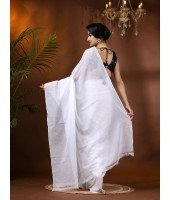 Fancy Trendy Solid Transparent Design Pure Cotton Handloom MulMul Saree (White)