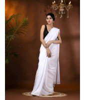 Fancy Trendy Solid Transparent Design Pure Cotton Handloom MulMul Saree (White)