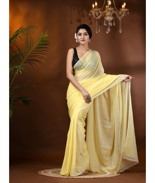 dB DESH BIDESH Women`s Fancy Trendy Solid Transparent Design Pure Cotton Handloom MulMul Saree (Yellow)