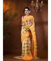  Tree Print Design Pure Handloom Cotton Saree Without Blouse Piece (Yellow)