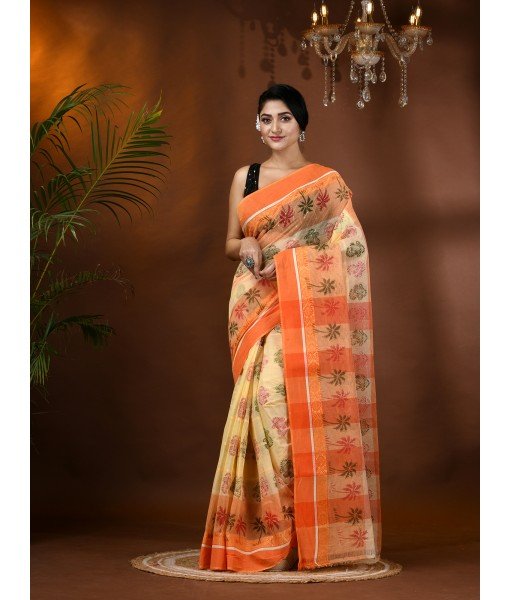 Tree Print Design Pure Handloom Cotton Saree Without Blouse Piece (Orange)