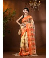 Tree Print Design Pure Handloom Cotton Saree Without Blouse Piece (Orange)