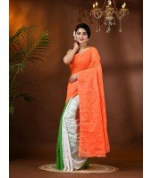 Cotton Handloom Jamdani Saree With Blouse Piece (Tri Color Orange White Green)