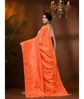 Cotton Handloom Jamdani Saree With Blouse Piece (Tri Color Orange White Green)