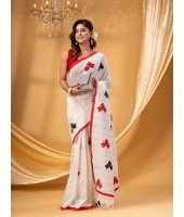  Bengali Khesh Pure Cotton Handloom Saree Tri Flower Designed With Blouse Piece (White Red Black)