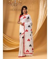  Bengali Khesh Pure Cotton Handloom Saree Tri Flower Designed With Blouse Piece (White Red Black)