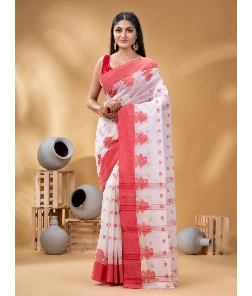 Tant Pure Handloom Cotton Saree Woven Tri Flower Designer Without Blouse Piece