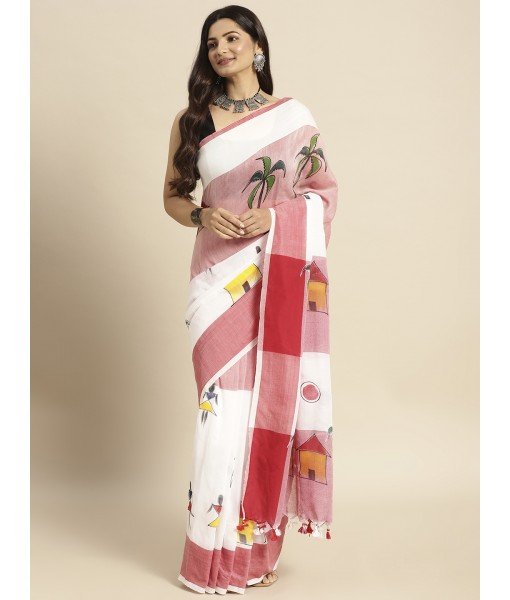 Handloom Pure Cotton Saree Tribal Hand Made Art Design With Blouse Piece (Red White)