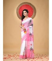 Handloom Pure Cotton Saree Tribal Hand Made Art Design With Blouse Piece (Pink White)