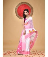 Handloom Pure Cotton Saree Tribal Hand Made Art Design With Blouse Piece (Pink White)