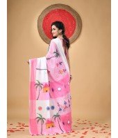 Handloom Pure Cotton Saree Tribal Hand Made Art Design With Blouse Piece (Pink White)